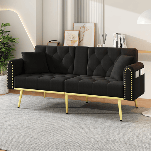 Sofá-cama de 2 lugares - Função reclinável, 3 posições, com porta-copos - Preto Sofá-cama de 2 lugares - Função reclinável, 3 posições, com porta-copos - Preto