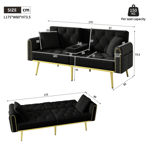 Sofá-cama de 2 lugares - Função reclinável, 3 posições, com porta-copos - Preto Sofá-cama de 2 lugares - Função reclinável, 3 posições, com porta-copos - Preto