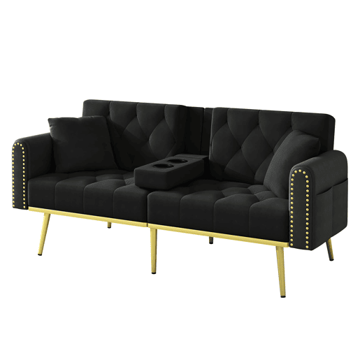 Sofá-cama de 2 lugares - Função reclinável, 3 posições, com porta-copos - Preto Sofá-cama de 2 lugares - Função reclinável, 3 posições, com porta-copos - Preto