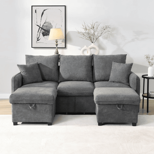 Sofá de canto de 3 lugares - Modular com arrumação, chaise longue e pufe - Cinza escuro