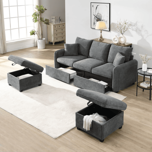 Sofá de canto de 3 lugares - Modular com arrumação, chaise longue e pufe - Cinza escuro