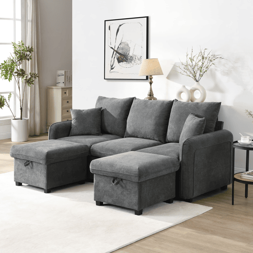 Sofá de canto de 3 lugares - Modular com arrumação, chaise longue e pufe - Cinza escuro