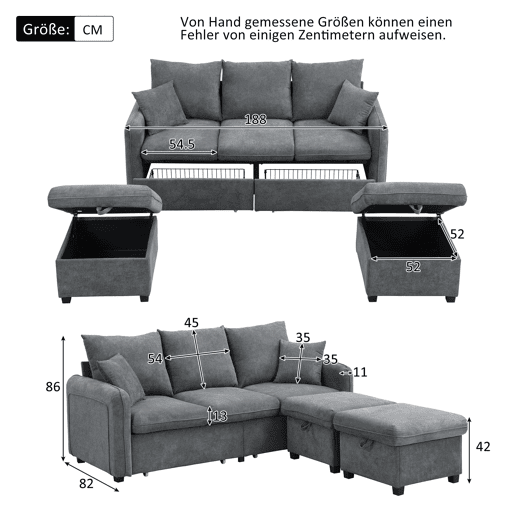 Sofá de canto de 3 lugares - Modular com arrumação, chaise longue e pufe - Cinza escuro
