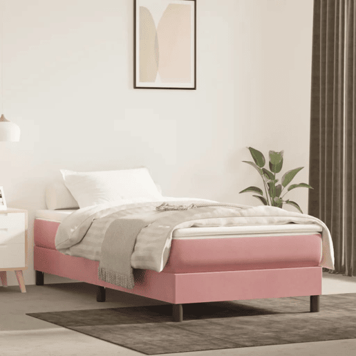 Estrutura de cama de solteiro para adultos com molas 90x200 cm veludo rosa