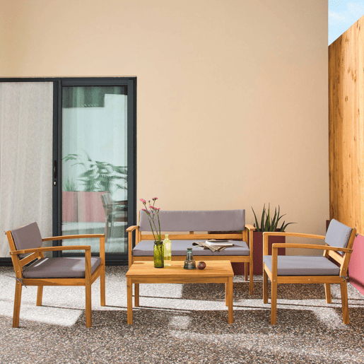 Conjunto de jardim em madeira de acácia, 4 lugares Cinza - 115x62x70 cm