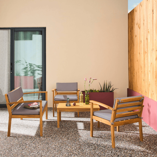 Conjunto de jardim em madeira de acácia, 4 lugares Cinza - 115x62x70 cm