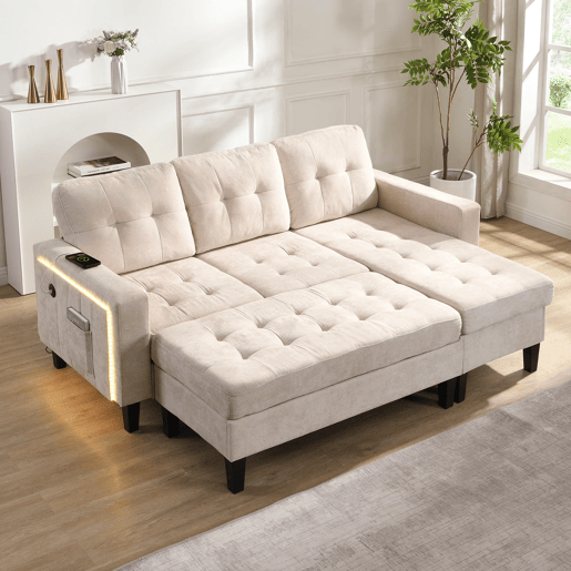Sofá modular L 3 lugares - com pufe extragrande e luzes LED - Bege