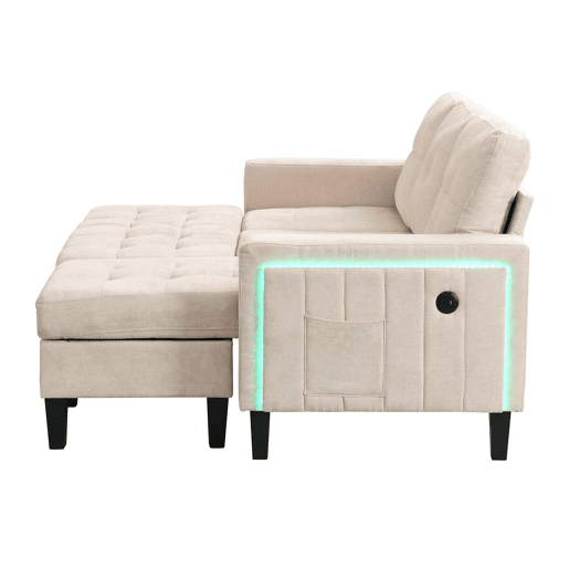 Sofá modular L 3 lugares - com pufe extragrande e luzes LED - Bege
