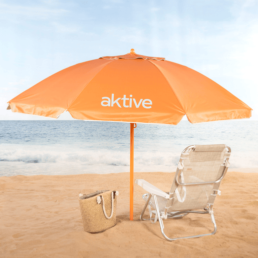 Aktive Beach Guarda-sol de praia laranja inclinável com proteção UV50, 220 cm de diâmetro Aktive Beach Guarda-sol de praia laranja inclinável com proteção UV50, 220 cm de diâmetro
