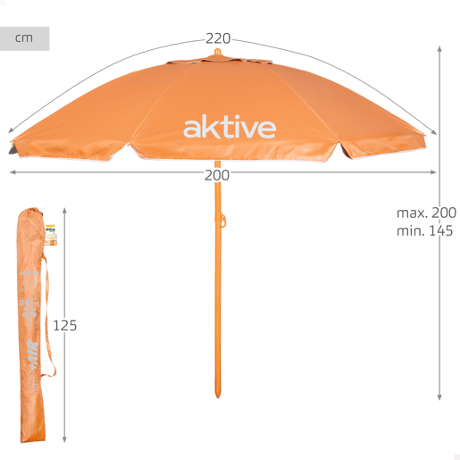 Aktive Beach Guarda-sol de praia laranja inclinável com proteção UV50, 220 cm de diâmetro Aktive Beach Guarda-sol de praia laranja inclinável com proteção UV50, 220 cm de diâmetro