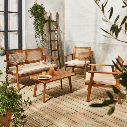 Conjunto de jardim com sofá em madeira, 4 lugares Natural - 117x64x74 cm