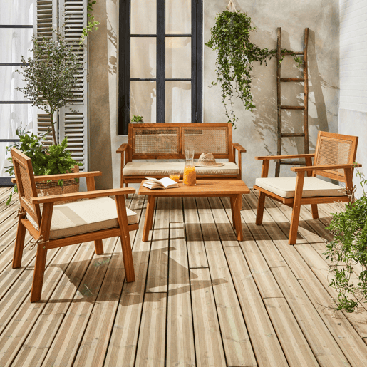 Conjunto de jardim com sofá em madeira, 4 lugares Natural - 117x64x74 cm
