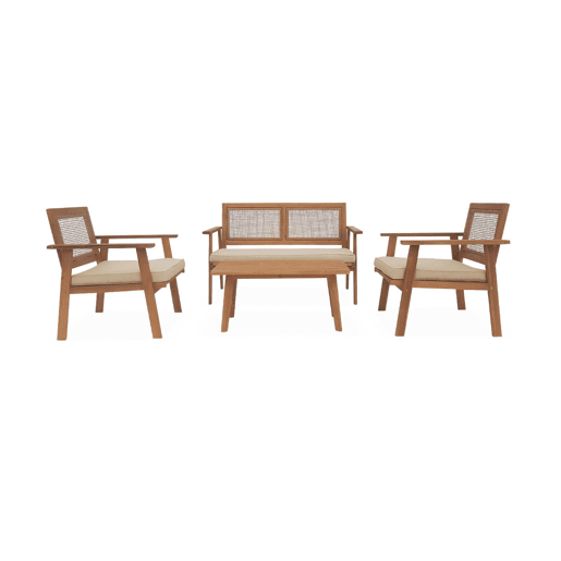 Conjunto de jardim com sofá em madeira, 4 lugares Natural - 117x64x74 cm