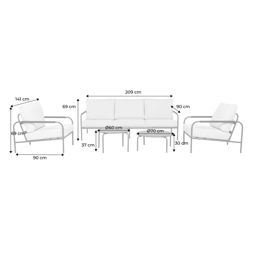 Conjunto de jardim em aço, 5 lugares Verde caqui - 209x90x69 cm