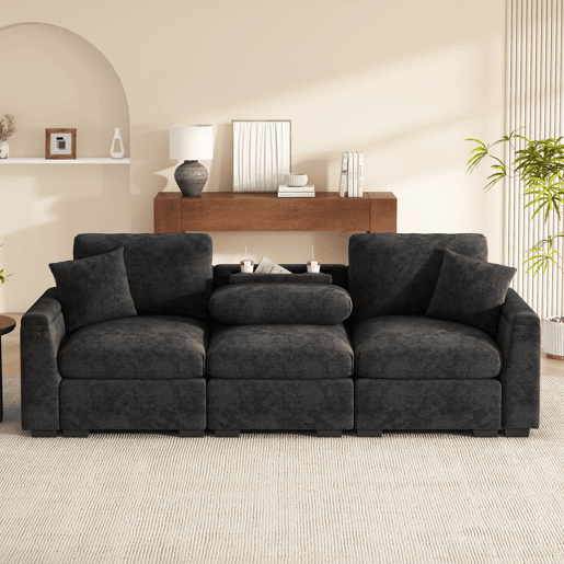 Sofá de 3 lugares em chenille - Com almofadas, mesa dobrável, porta USB, porta-copos, arrumação - Cinza