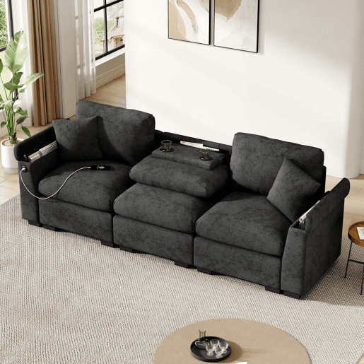 Sofá de 3 lugares em chenille - Com almofadas, mesa dobrável, porta USB, porta-copos, arrumação - Cinza