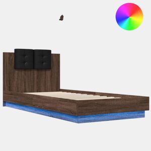 Estrutura de cama de solteiro moderno cabeceiraluzes LED 100x200 cm carvalho castanho