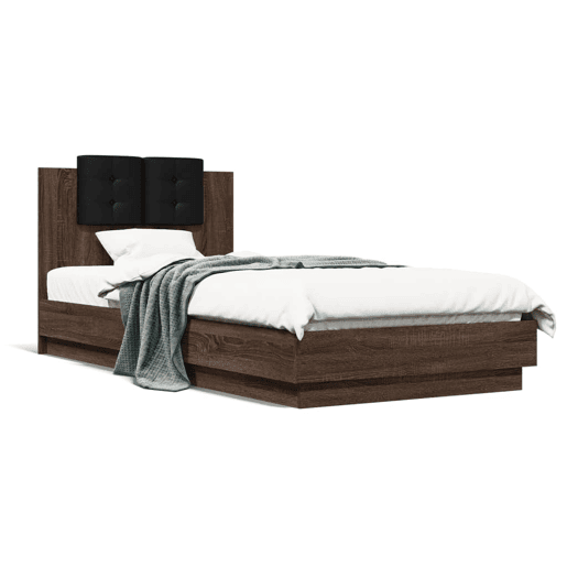Estrutura de cama de solteiro moderno cabeceiraluzes LED 100x200 cm carvalho castanho