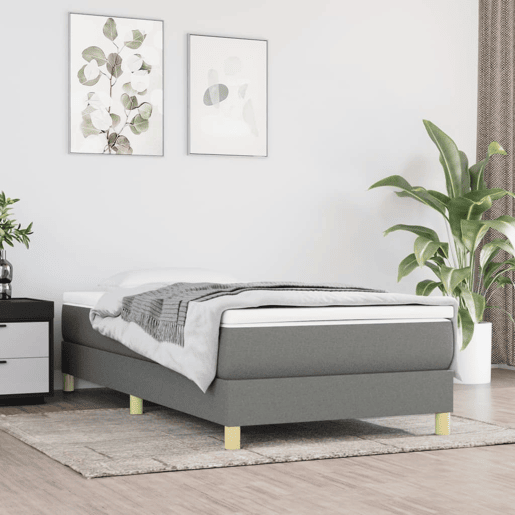 Estrutura de cama de solteiro para adultos com molas 90x200 cm tecido cinzento-escuro