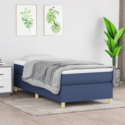Estrutura de cama de solteiro para adultos com molas 100x200 cm tecido azul