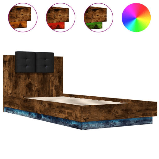 Estrutura de cama de solteiro moderno c cabeceiraluzes LED 100x200cm carvalho fumado