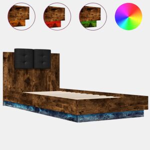 Estrutura de cama de solteiro moderno c cabeceiraluzes LED 100x200cm carvalho fumado
