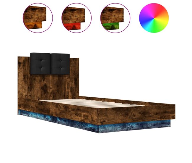 Estructura de cama individual para adultos - cabecero luces led roble ahumado 100x200 cm