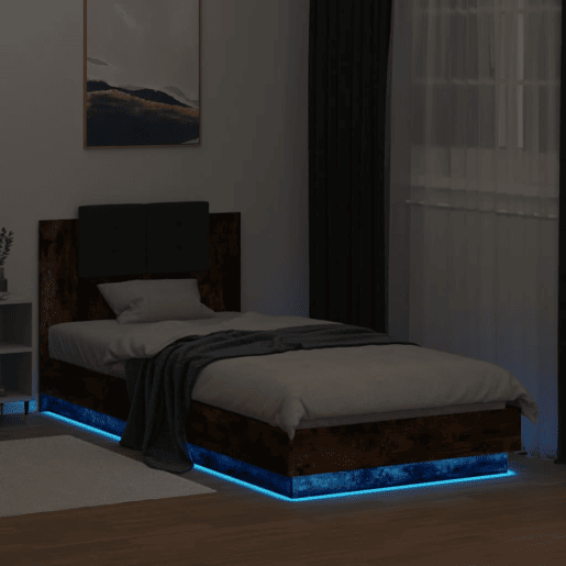Estrutura de cama de solteiro moderno c cabeceiraluzes LED 100x200cm carvalho fumado