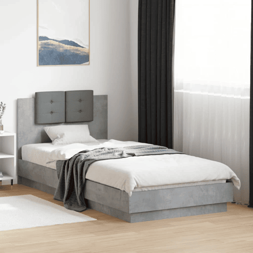 Estrutura de cama de solteiro moderno c cabeceiraluzes LED 100x200 cm cinza cimento