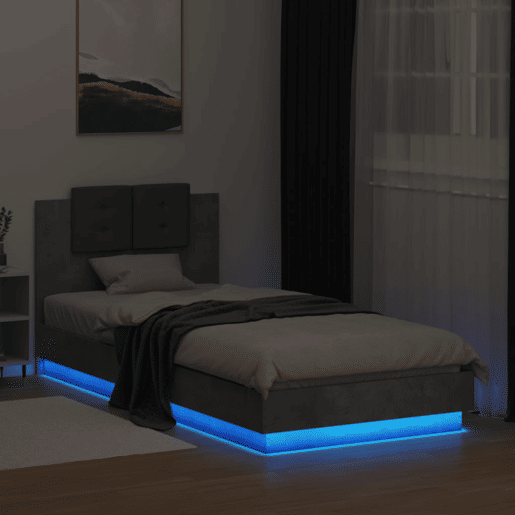 Estrutura de cama de solteiro moderno c cabeceiraluzes LED 100x200 cm cinza cimento