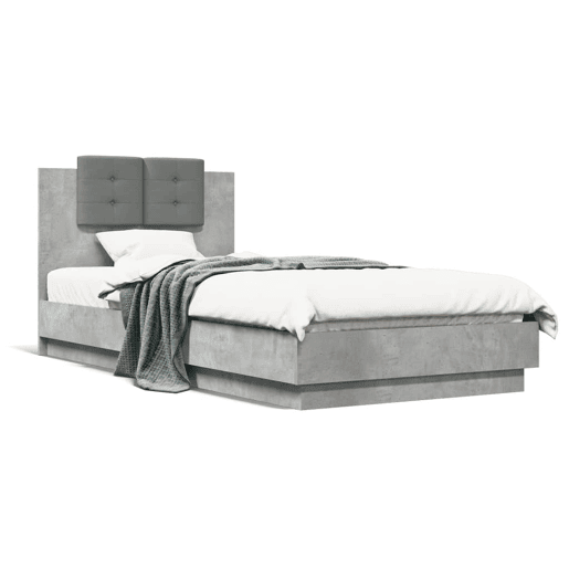 Estrutura de cama de solteiro moderno c cabeceiraluzes LED 100x200 cm cinza cimento