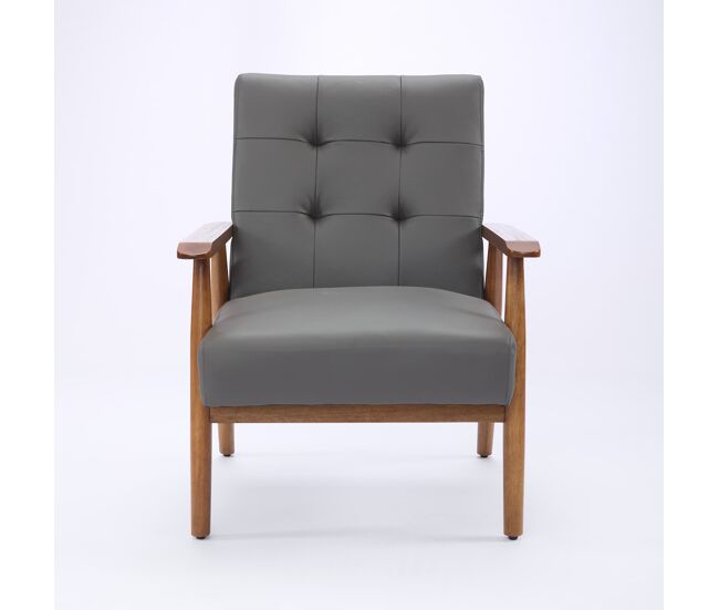 Sillón lounge de piel - reposabrazos nogal y patas de madera - gris
