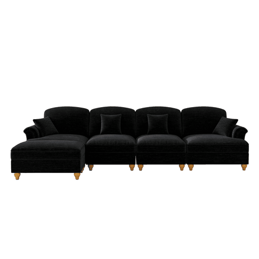 Sofá modular L 4 lugares - Chenille, braços cónicos, saia removível, pés torneados, pufe - Preto