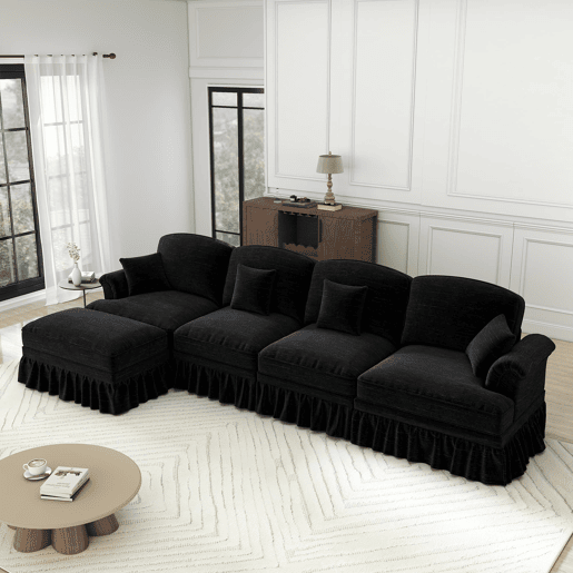Sofá modular L 4 lugares - Chenille, braços cónicos, saia removível, pés torneados, pufe - Preto