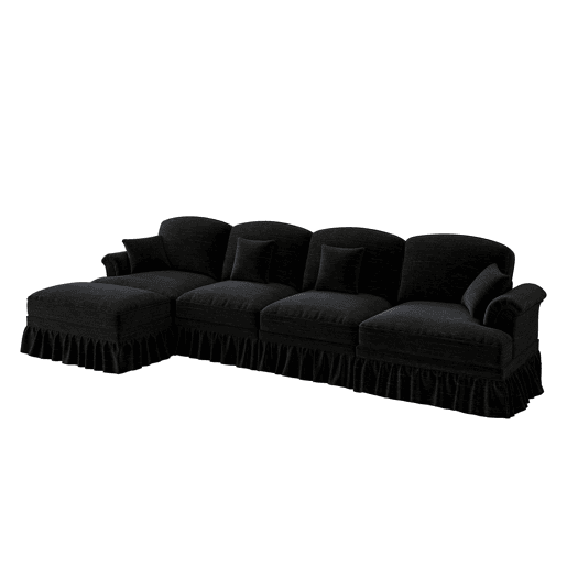 Sofá modular L 4 lugares - Chenille, braços cónicos, saia removível, pés torneados, pufe - Preto