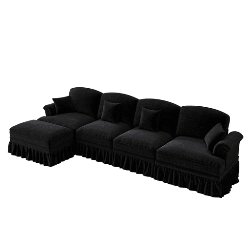 Sofá modular L 4 lugares - Chenille, braços cónicos, saia removível, pés torneados, pufe - Preto