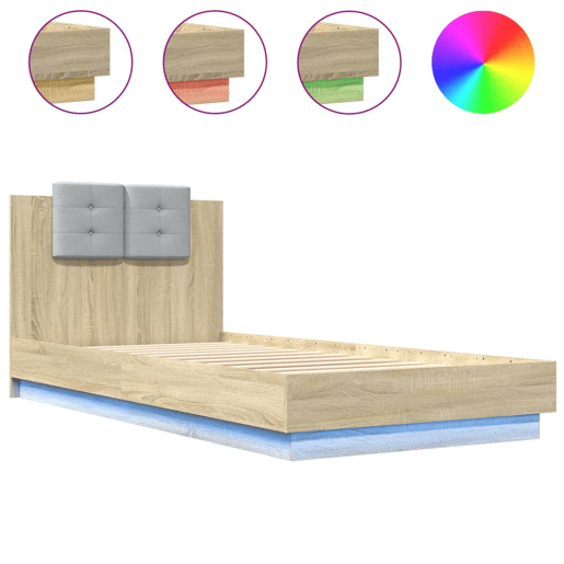 Estrutura de cama de solteiro moderno c cabeceiraluzes LED 100x200cm carvalho sonoma
