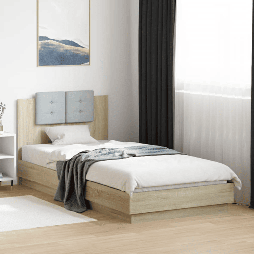 Estrutura de cama de solteiro moderno c cabeceiraluzes LED 100x200cm carvalho sonoma