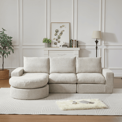 Sofá modular de 3 lugares - Chenille, elementos curvos e chaise longue, sem montagem - Bege