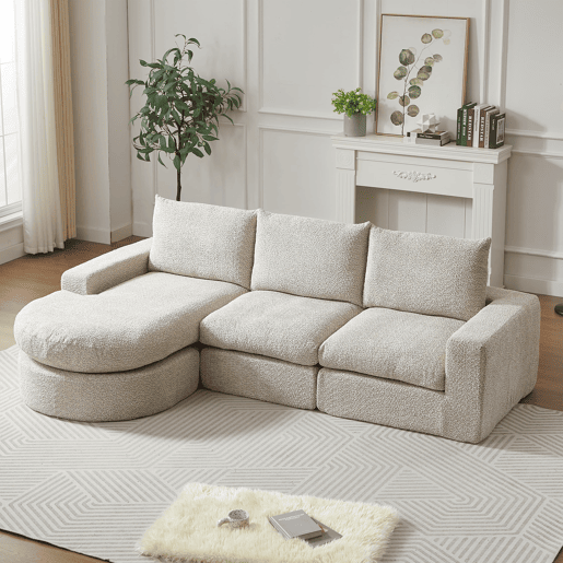 Sofá modular de 3 lugares - Chenille, elementos curvos e chaise longue, sem montagem - Bege
