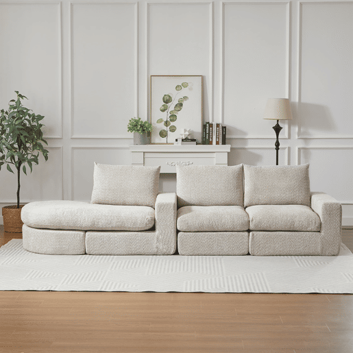 Sofá modular de 3 lugares - Chenille, elementos curvos e chaise longue, sem montagem - Bege
