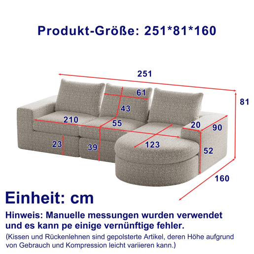 Sofá modular de 3 lugares - Chenille, elementos curvos e chaise longue, sem montagem - Bege