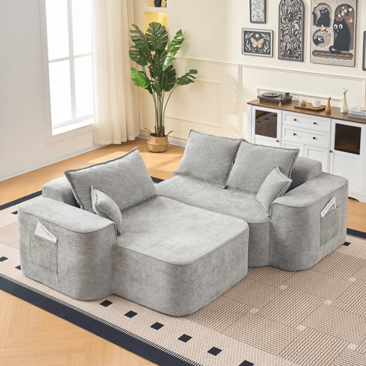 Sofá de canto para 4 pessoas - Modular, chaise longue, assento profundo - Cinza