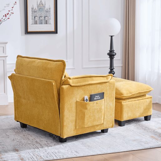 Poltrona lounge grande - com apoio para os pés, almofada e bolsos laterais - Amarelo