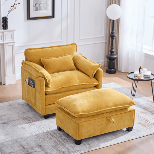 Poltrona lounge grande - com apoio para os pés, almofada e bolsos laterais - Amarelo