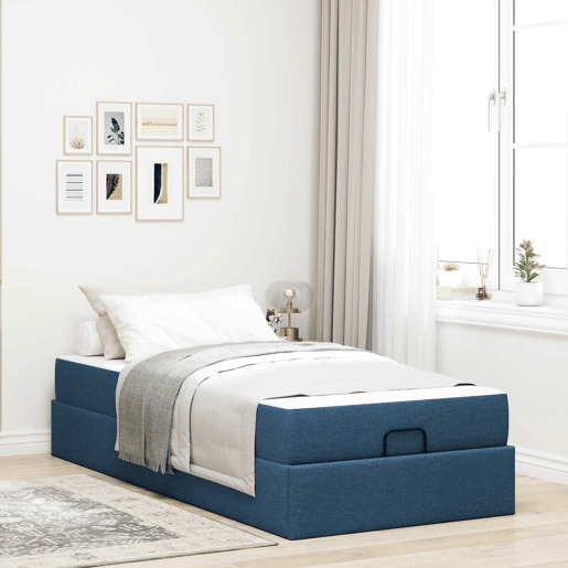 Estrutura de cama de solteiro para adultos com colchão com colchão 2 pcs Azul tecido
