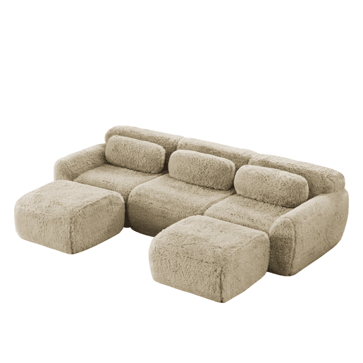 Sofá modular de 3 lugares - Tecido felpudo, sem montagem, antiderrapante, com almofadas - Cáqui claro