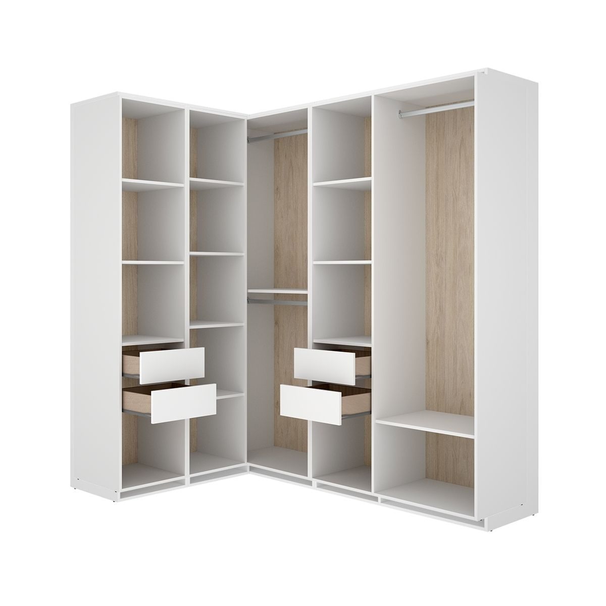 Armario vestidor esquinero 4 cajones 3 barras metalicas suit - blanco/roble natural - ancho 124 - prof 186 cm - homekit