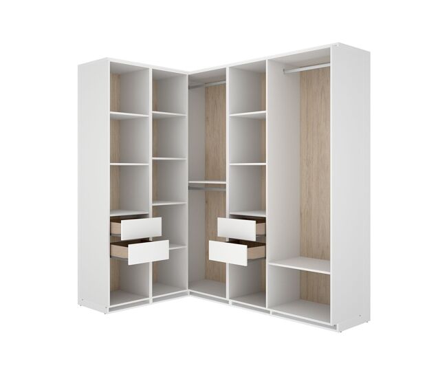 Armario vestidor esquinero 4 cajones 3 barras metalicas suit - blanco/roble natural - ancho 124 - prof 186 cm - homekit