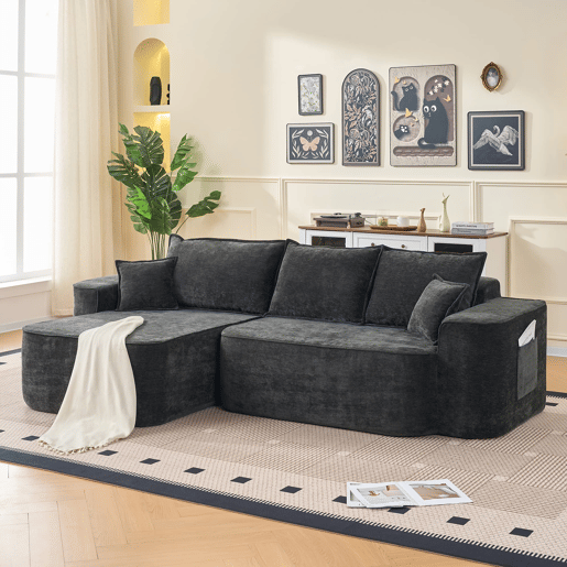 Sofá de canto em L 264 cm - chaise longue, 4 lugares, assento profundo - preto
